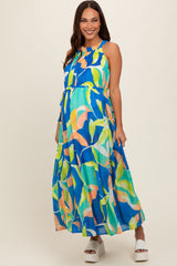 Royal Blue Leaf Print Halter Maternity Midi Dress