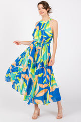 Royal Blue Leaf Print Halter Maternity Midi Dress