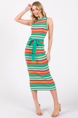 Mint Green Striped Tie Waist Sleeveless Midi Dress