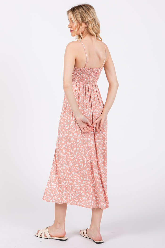 Pink Floral Side Slit Midi Dress