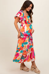 Fuchsia Leaf Print Maternity Maxi Dress