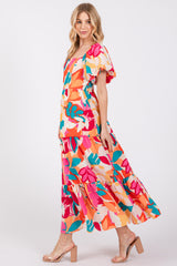 Fuchsia Leaf Print Maxi Dress