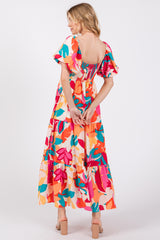 Fuchsia Leaf Print Maxi Dress