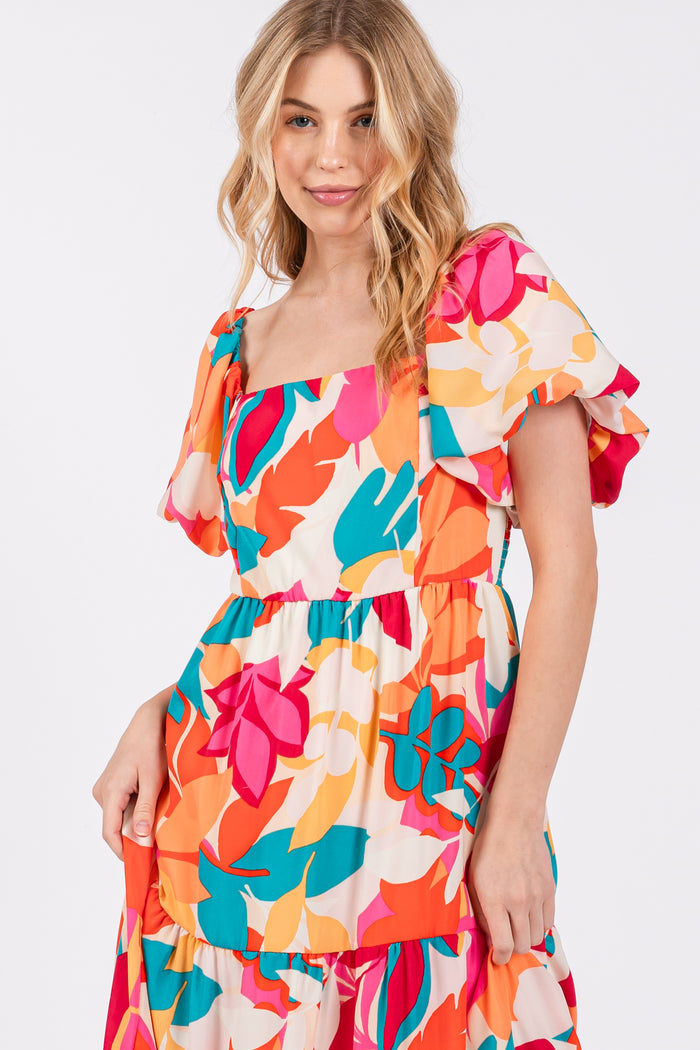 Fuchsia Leaf Print Maxi Dress
