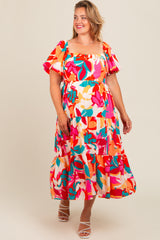 Fuchsia Leaf Print Plus Maternity Maxi Dress