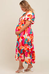 Fuchsia Leaf Print Plus Maternity Maxi Dress