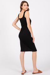 Black Ribbed Fitted Sleeveless Dress