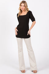 Black Ribbed Ruched Square Neck Puff Sleeve Top