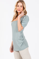 Mint Ribbed Ruched Square Neck Puff Sleeve Maternity Top