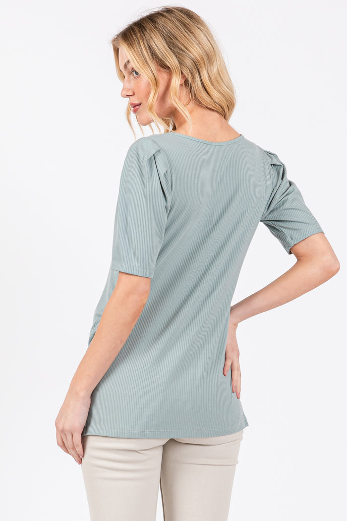 Mint Ribbed Ruched Square Neck Puff Sleeve Top