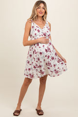 Ivory Mauve Floral Knotted Wrap V-Neck Maternity Dress