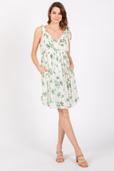 Ivory Green Floral Knotted Wrap V-Neck Dress