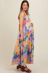 Royal Blue Multi-Color Floral Tiered Cutout Back Maternity Dress