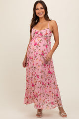 Pink Floral Sleeveless Pleated Maternity Midi Dress