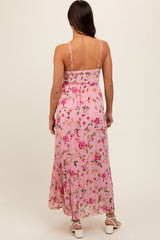 Pink Floral Sleeveless Pleated Maternity Midi Dress