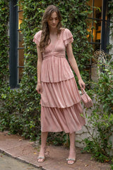 Pink Pleated Tiered Maternity Midi Dress