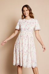 Ivory Floral Embroidered Eyelet Maternity Midi Dress