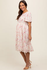 Ivory Floral Embroidered Eyelet Maternity Midi Dress