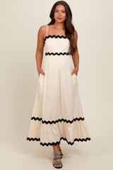 Beige Contrast Wavy Trim Maternity Maxi Dress