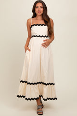 Beige Contrast Wavy Trim Maternity Maxi Dress