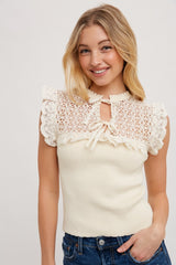 Cream Contrast Crochet Knit Top