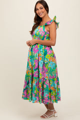 Green Floral Ruffle Shoulder Smocked Maternity Midi Dress