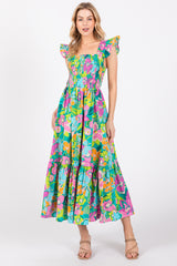 Green Floral Ruffle Shoulder Smocked Maternity Midi Dress