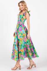 Green Floral Ruffle Shoulder Smocked Midi Dress