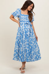 Blue Floral Smocked Short Puff Sleeve Maternity Midi Dress