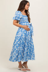 Blue Floral Smocked Short Puff Sleeve Maternity Midi Dress