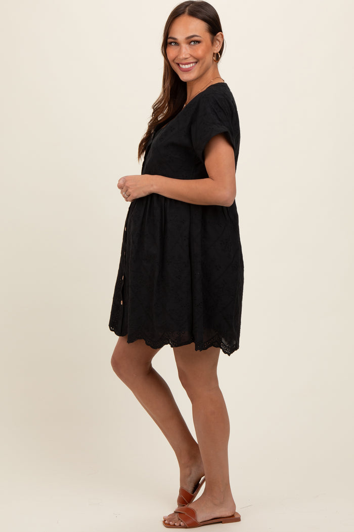 Black Eyelet Button Front Short Sleeve Maternity Dress