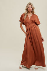 Rust Satin V-Neck Flutter Short Sleeve Maternity Maxi Dress