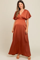 Rust Satin V-Neck Flutter Short Sleeve Maternity Maxi Dress