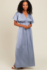 Blue Satin V-Neck Flutter Short Sleeve Maxi Dress