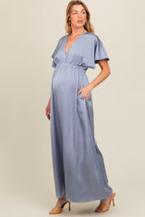 Grey Satin V-Neck Flutter Short Sleeve Maternity Maxi Dress