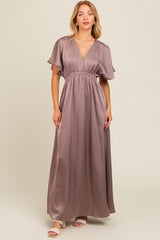 Mauve Satin V-Neck Flutter Short Sleeve Maxi Dress