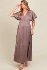 Taupe Satin V-Neck Flutter Short Sleeve Maternity Maxi Dress