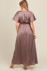 Taupe Satin V-Neck Flutter Short Sleeve Maternity Maxi Dress