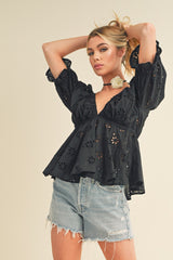 Black Eyelet Embroidered Top