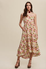 Yellow Floral Tiered Hi-Low Maternity Midi Dress