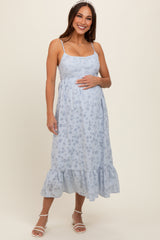 Blue Floral Button Front Sleeveless Maternity Midi Dress