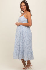 Blue Floral Button Front Sleeveless Maternity Midi Dress