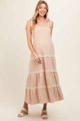 Taupe Smocked Maternity Maxi Dress