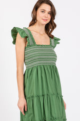 Green Embroidered Smocked Midi Dress