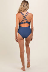 Royal Blue Ruched Side Strappy Cross Back Maternity One Piece Swimsuit
