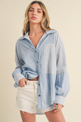 Light Blue Striped Colorblock Button Up Maternity Top