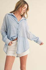 Light Blue Striped Colorblock Button Up Top