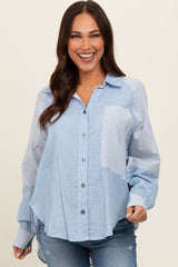 Light Blue Striped Colorblock Button Up Maternity Top