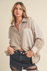 Beige Striped Colorblock Button Up Top