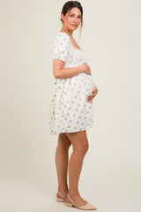 Ivory Floral Puff Short Sleeve Maternity Mini Dress